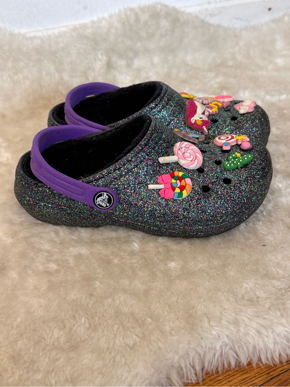 Crocs Kids Glitter Clog Shoes with Purple Strap Sz 13